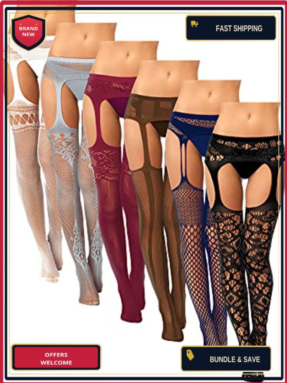 6 Pairs Fishnet Thigh-High Stockings with Garter Belts